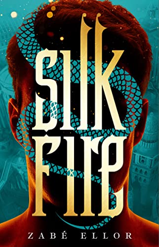 Book cover: man’s head with gold text “Silk Fire” and a blue snake design.