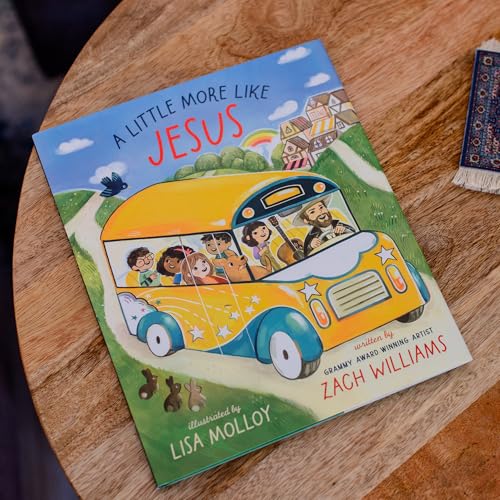 Children’s book cover depicting a yellow school bus with people and Jesus.