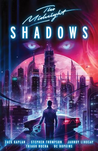 Book cover: futuristic cityscape with a person and glowing eyes.