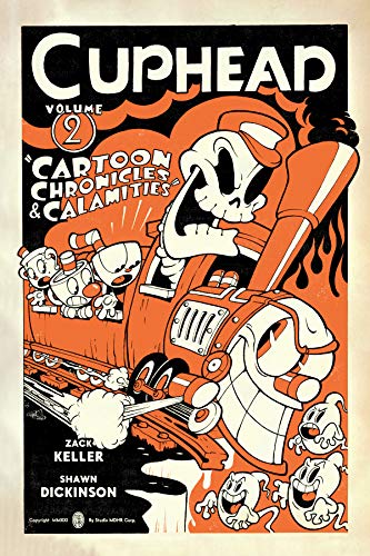 Cuphead characters ride a train driven by a skeleton against an orange background.