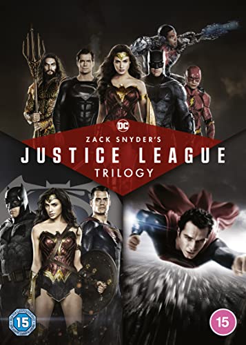 DVD cover for Zack Snyder’s Justice League Trilogy featuring superhero characters.