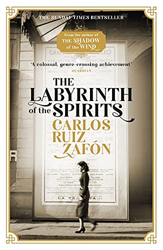 Book cover: "The Labyrinth of the Spirits" with a woman walking past a poster.