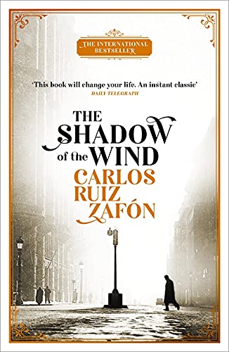 Book cover: "The Shadow of the Wind" with a street scene.