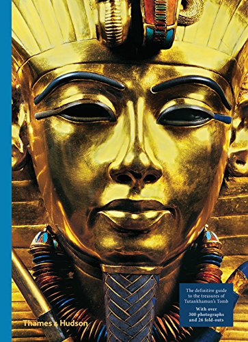 Golden mask of Tutankhamun book cover, close-up facial detail.