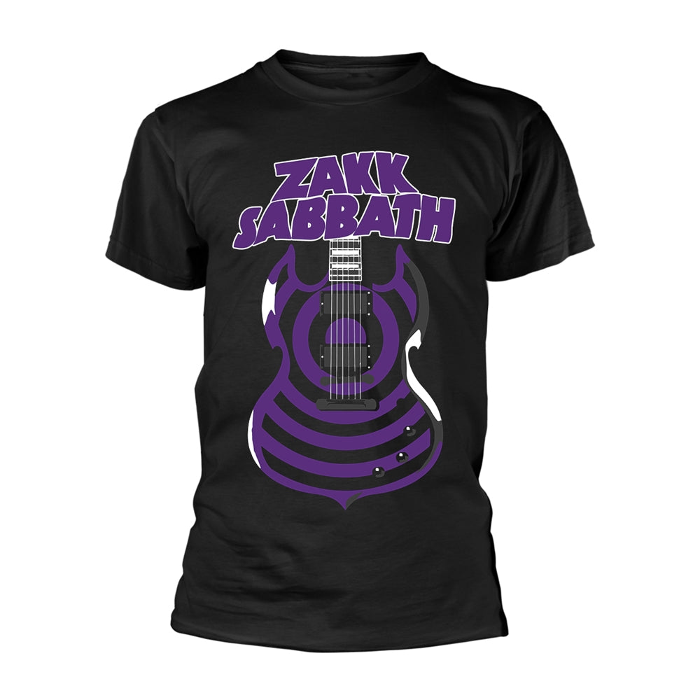 Black t-shirt with purple "Zakk Sabbath" logo and electric guitar graphic.