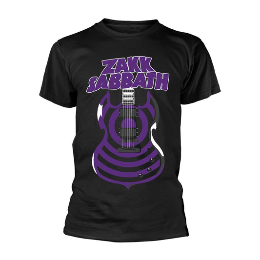 Black t-shirt with purple "Zakk Sabbath" logo and electric guitar graphic.
