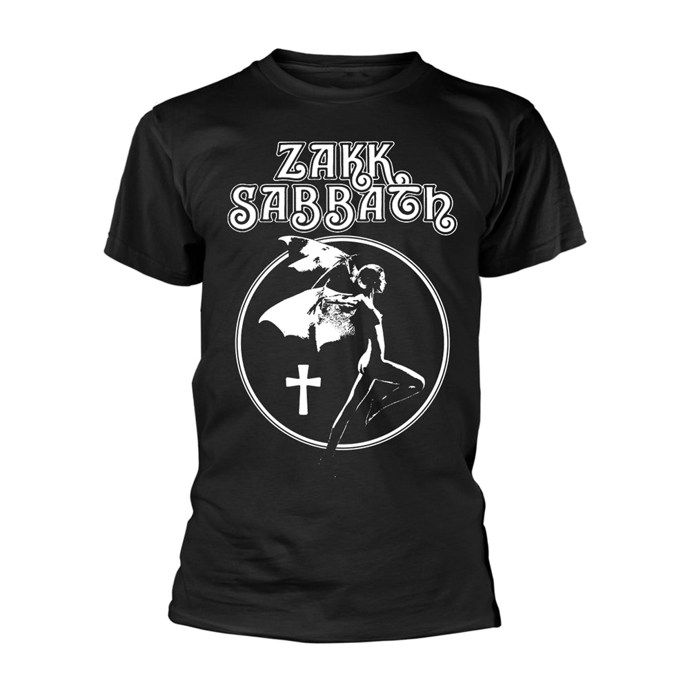 Black t-shirt with white "Zakk Sabbath" logo and cross design.