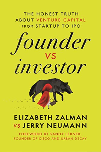 Yellow book cover with text "founder vs investor" and a wolf illustration.