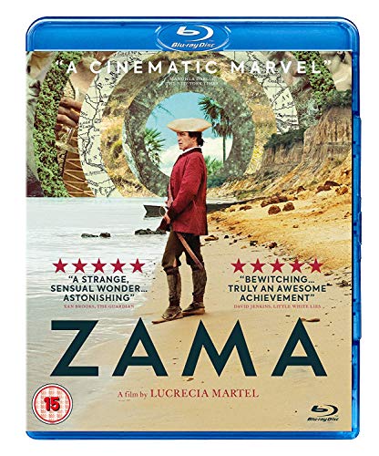 Blu-ray cover for "Zama" featuring a man on a beach with a circular backdrop.