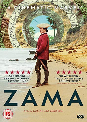 DVD cover for "Zama" featuring a man on a beach with a circular map.