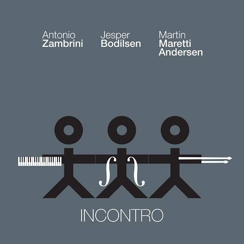 CD cover: abstract figures with piano, cello, and drumsticks; title “Incontro”.