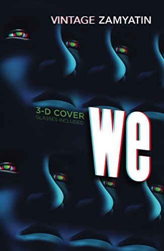 Book cover with multiple blue faces and eyes, titled "We" by Zamyatin.