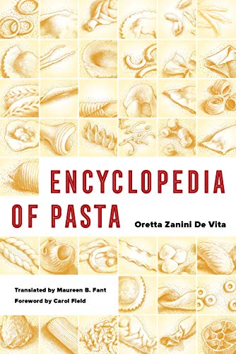 Book cover: "Encyclopedia of Pasta" with illustrated pasta shapes.