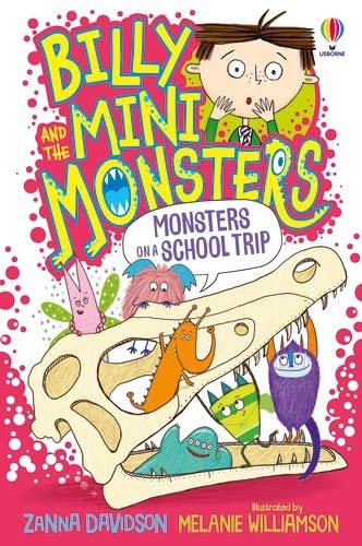 Book cover featuring colorful monsters and a boy near a dinosaur skeleton.