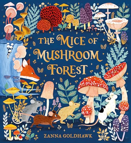 Book cover featuring mice, a fox, and colorful mushrooms on a dark blue background.