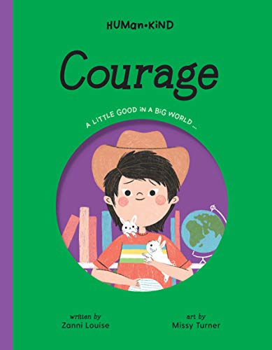 Book cover: "Courage" depicts a child with rabbits, globe, and colorful blocks.