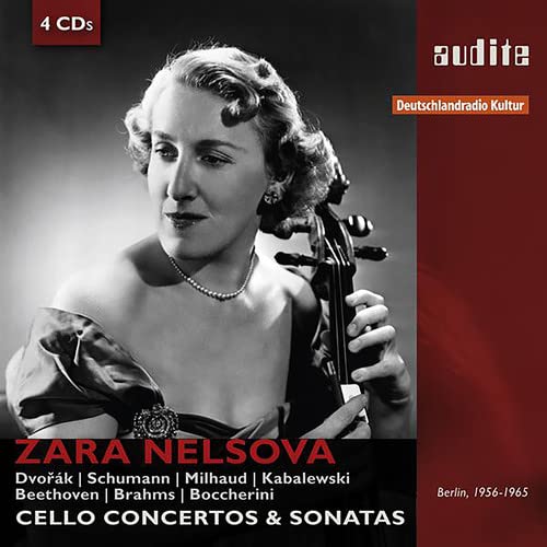 Zara Nelsova, a cellist, in a black and white portrait with her instrument.