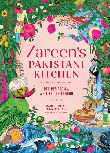 Cookbook cover with colorful illustrations of food, birds, and Pakistani landmarks.