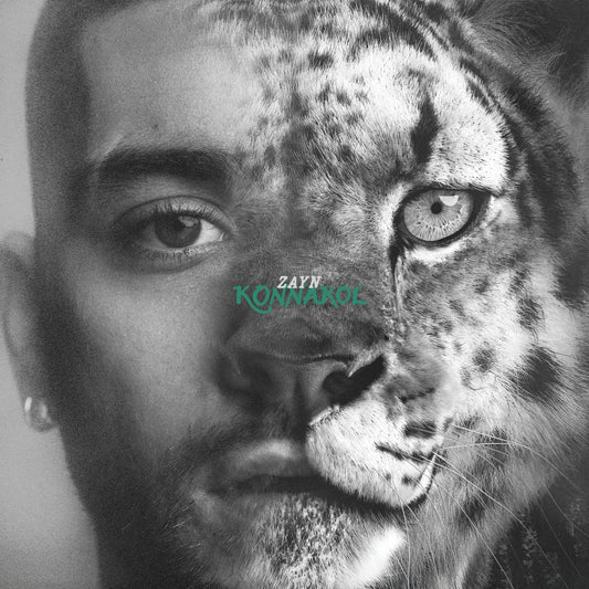 Black and white portrait blending a man’s face with a tiger’s features.
