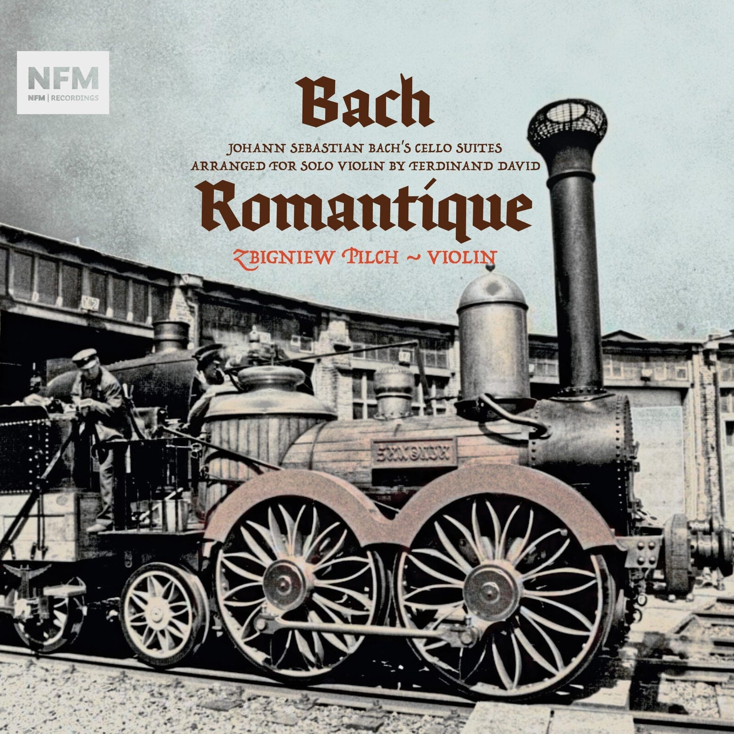 CD cover: "Bach Romantique" with a violin and vintage steam train.