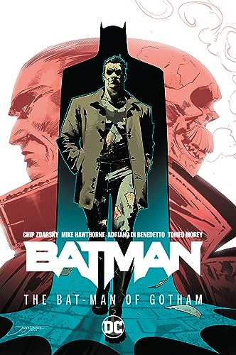 Batman stands silhouetted against a red and teal illustrated background.