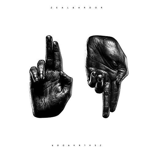 Black and white image of two hands making a gesture, album cover.