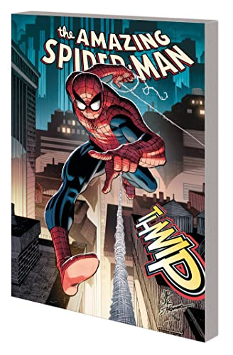 Spider-Man swinging from a web in front of a city skyline.