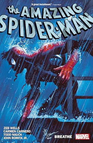 Spider-Man in a red and blue suit descends amidst heavy blue rain.