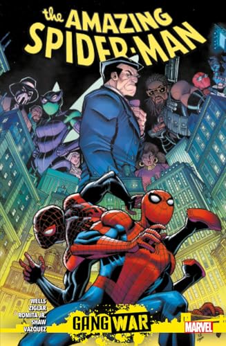 Comic book cover featuring Spider-Man battling villains in a city.