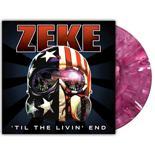 Zeke album cover featuring a skull-helmet with an American flag design and pink vinyl record.