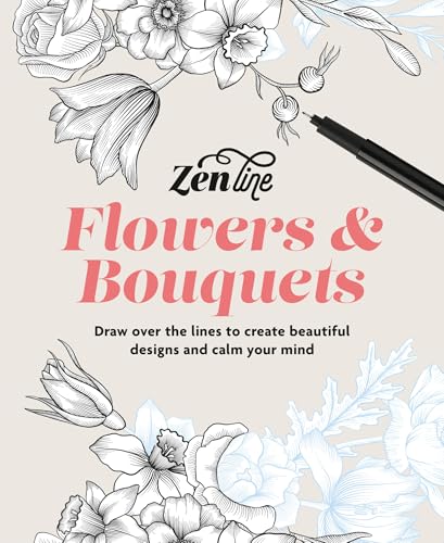 Book cover with floral line drawings and a black pen.
