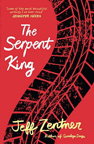 Book cover for The Serpent King with a red background and black tire tracks.