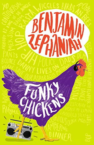 Purple chicken with headphones and boombox on a bright green background.