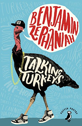 A turkey wearing a baseball cap, gold chain, and sneakers on a blue background.