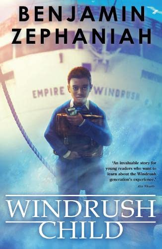 Book cover: young boy with suitcase in front of an airplane, “Windrush Child.”