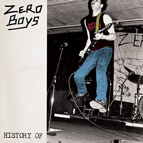 A punk guitarist jumps mid-air on stage with the band name Zero Boys above.