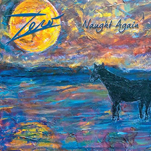An impressionistic painting of a black horse standing in water under a large moon.