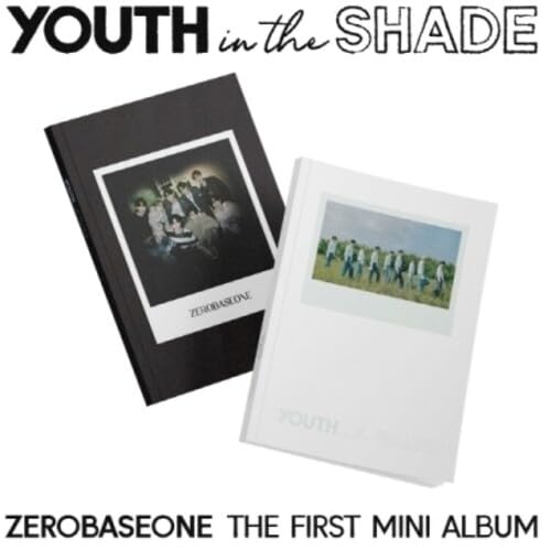 Two Zerobaseone album covers, one dark and one light, with group photos.