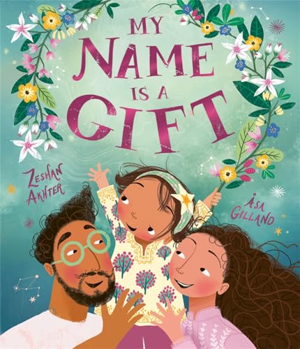 Book cover with a family of three surrounded by flowers and the title text.