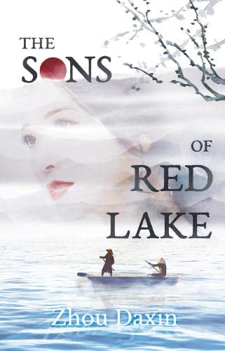 Book cover: woman’s face, boat on water, red sun, text “The Sons of Red Lake”.