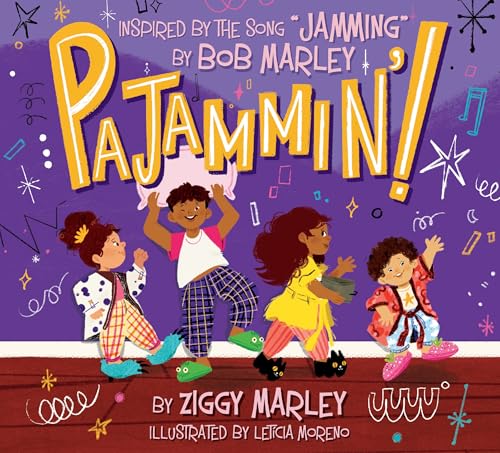 Four children in pajamas dance on a wooden floor against a purple background.