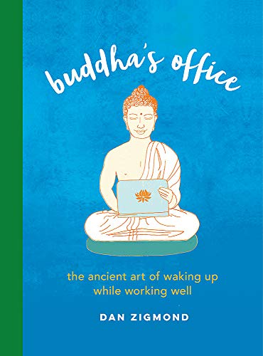 Book cover: Buddha meditating with a laptop, blue background.