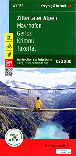 Zillertal Alps hiking map with a person on a suspension bridge.