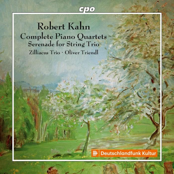 CD cover for Robert Kahn’s piano quartets and serenade, with landscape art.