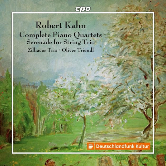 CD cover for Robert Kahn’s piano quartets and serenade, with landscape art.