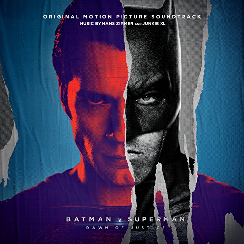 “Batman v Superman” soundtrack album cover featuring Batman and Superman portraits.