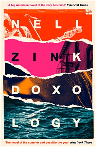 Book cover for "Doxology" with torn paper and ocean imagery.