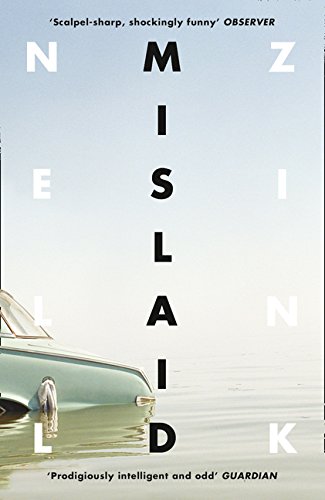 Book cover: "Mislaid" with a vintage car and blue sky background.
