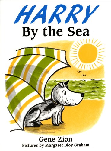 "Children's book cover featuring a dog under a beach umbrella, with a sunny seaside scene."