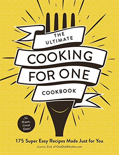 Yellow cookbook cover with text: “Cooking for One,” fork illustration.